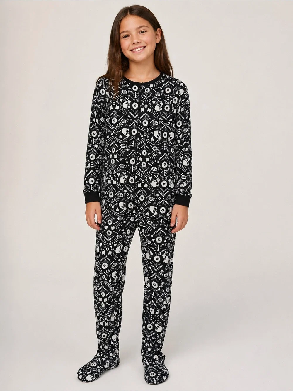 Carter’s Girls Black & White Bunny Floral Footed Fleece Pajamas Size 10/10A